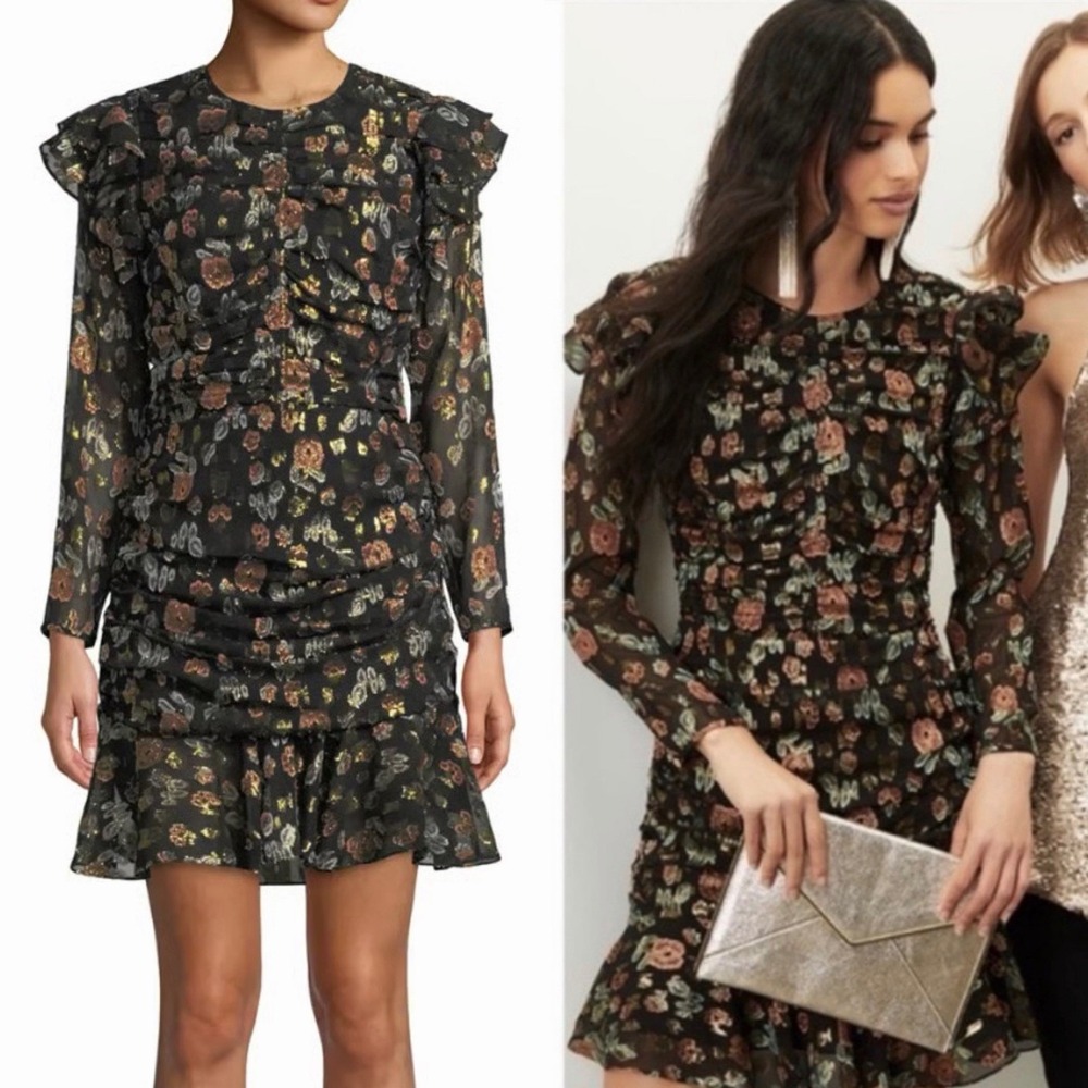 Veronica Beard Sz 4 Ruched Silk Mini Dress Floral Jacquard‎ Ruffle Long Sleeves